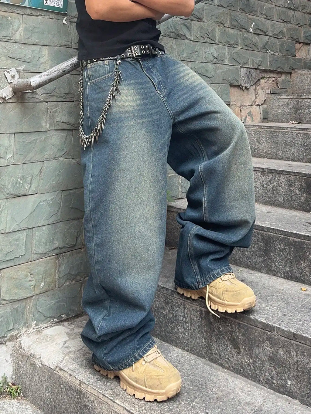 Vintage Men Y2K Gradient Baggy Denim Jeans For Men Washed Casual Loose Denim Pants Streetwear Hip Hop Wide Leg Straight Trousers