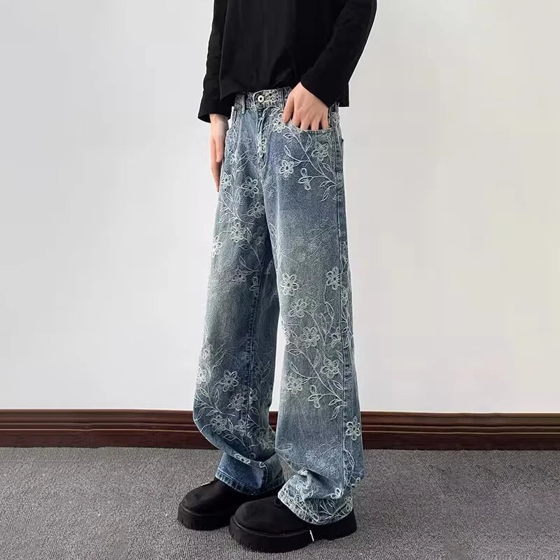 High Street Floral Jacquard Embroidered Baggy Jeans For Man Y2K Vintage Straight Denim Pants Hip Hop Fashion Curved Jean