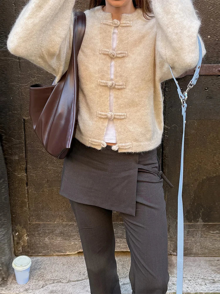 Elegant Knit Grey Women Cardigan Fashion Long Sleeve Button O-neck Female Knitwear 2026 Autumn Winter Fashion Lady Sweater