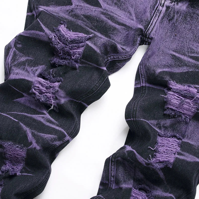 Retro Purple Black Ripped Jeans High Street Korean Version Jeans Y2k Baggy Jeans Stacked Jeans Mens Cargo Pants