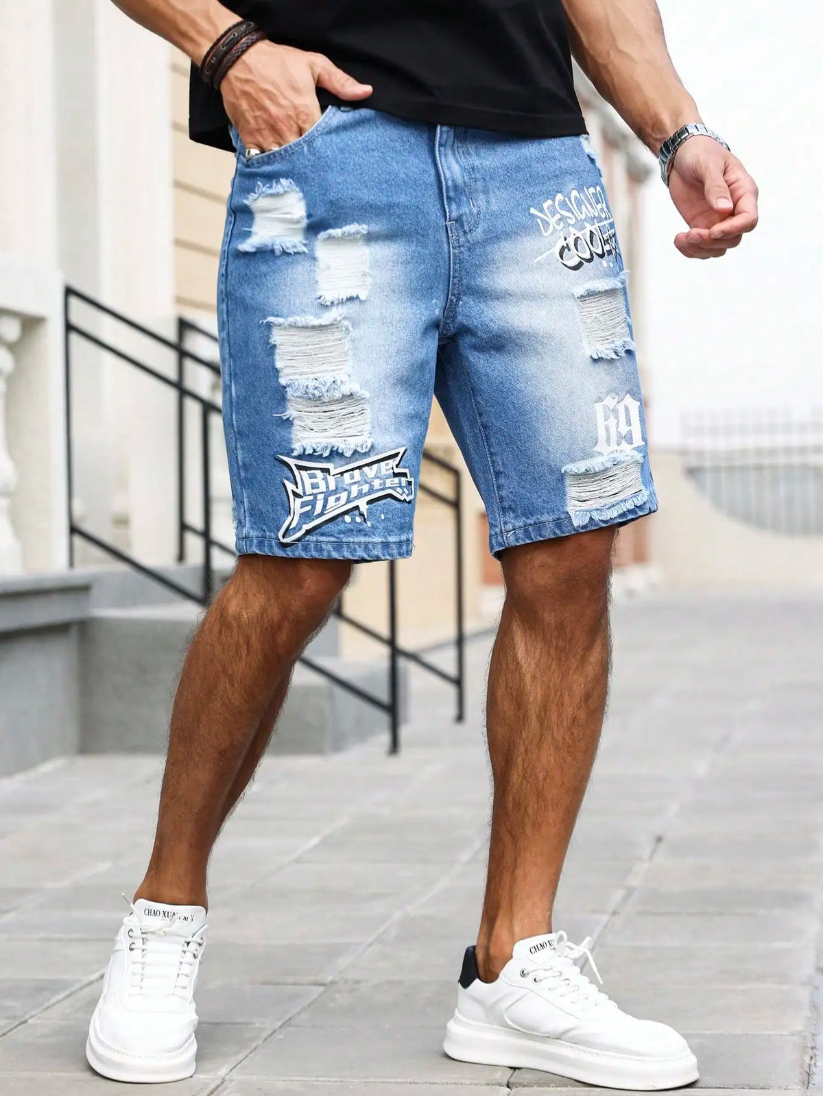 Men's Summer Blue Ripped Printed Denim Shorts. Trendy Ripped Design. Stylish Text Prints.
