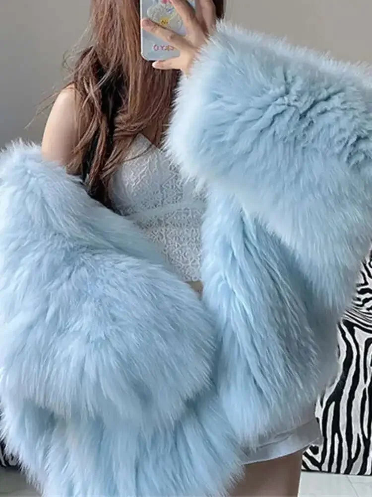 Temperament Hooded Batwing Sleeve Warm Faux Fur Coats For Women Casual Thick Female Jacket 2025 Fashion Autumn Winter New