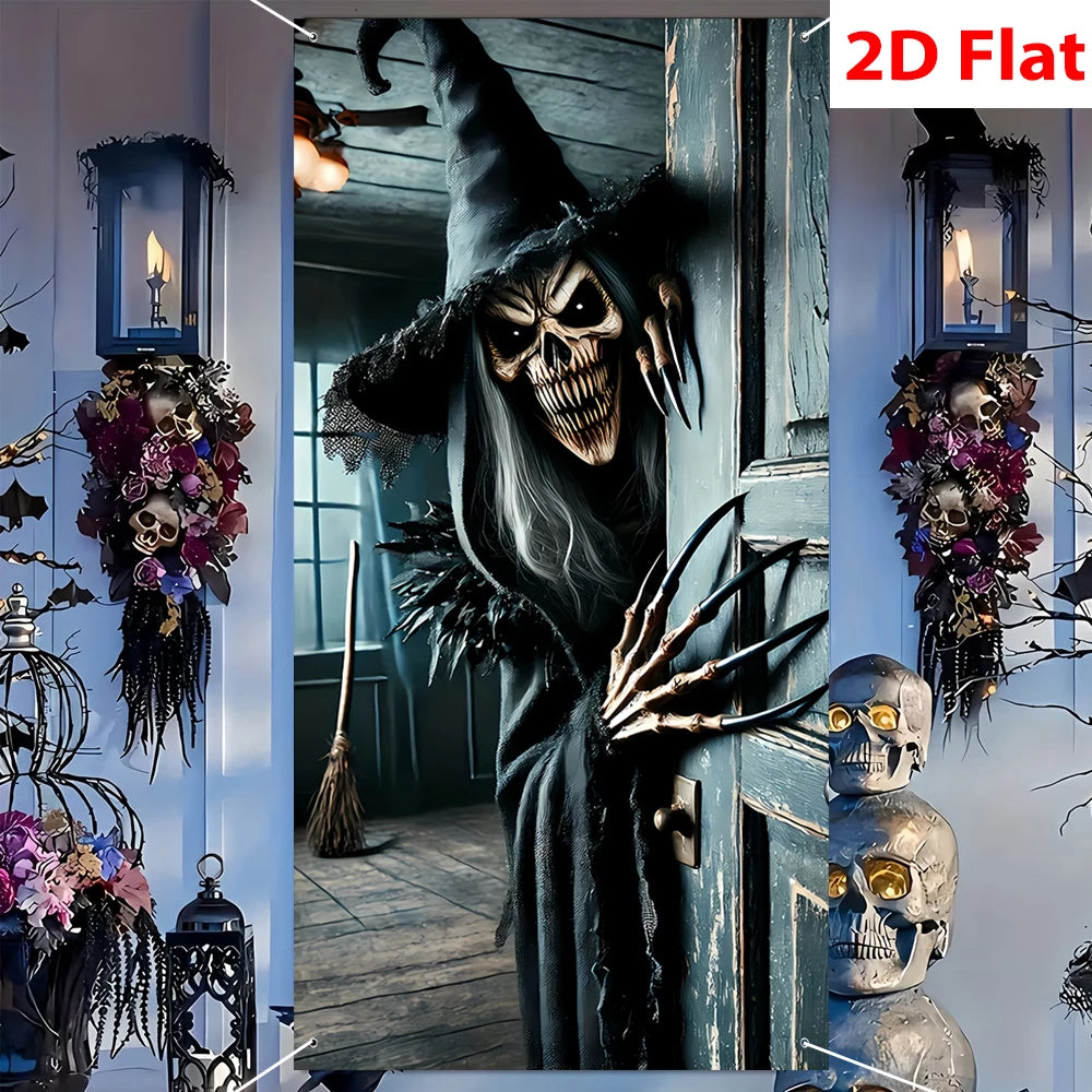 Halloween Scary Skeleton Witch Door Haunted House Front Porch Garage Decor Horror Party Photo Backdrop Spooky Decoration