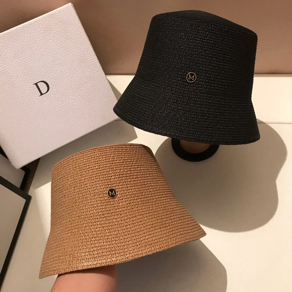 Japanese Designer M Straw Weaving Hat Summer Casual Travel Sunscreen Slim-face Sun Hat Women Luxury Simple Bucket Hats Panama