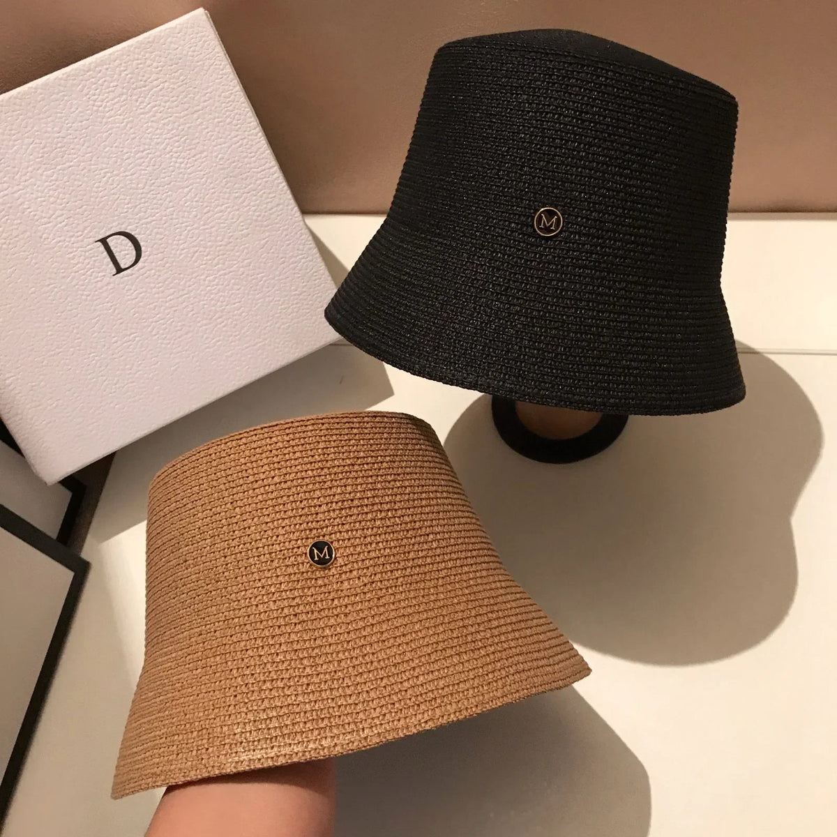 Japanese Designer M Straw Weaving Hat Summer Casual Travel Sunscreen Slim-face Sun Hat Women Luxury Simple Bucket Hats Panama