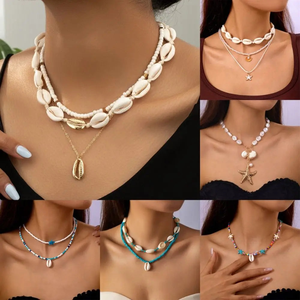 Fashion Bohemian Style Shell Necklace Double Layer Starfish Clavicle Chain Sweater Chain Gifts