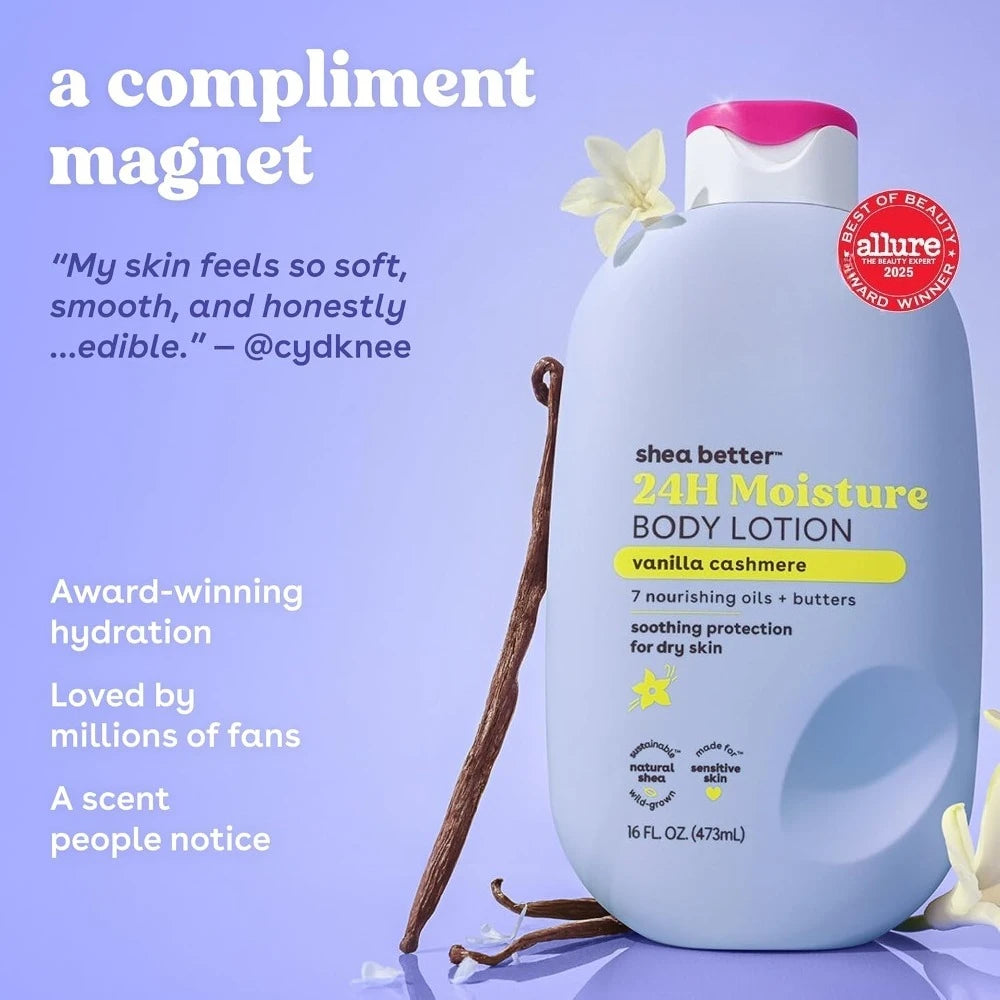 24-Hour Moisturizing Vanilla Cashmere Body Lotion with Natural Shea Lightweight Non-Greasy Formula Vegan Skin Care 16 fl