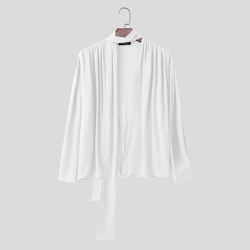 INCERUN Men Shirt Solid Loose Pleated V Neck Long Sleeve See Through Men Clothing Streetwear Fashion Casual Tops Male Shirts