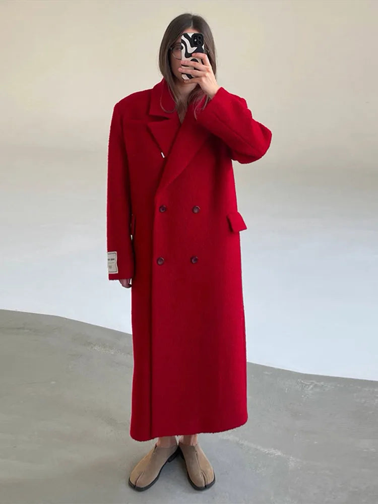 Women Olive Green Oversized Coat Notched Lapel Double Breasted Straight Outerwear Vintage Fall Winter Daily 2026 Office Outfit