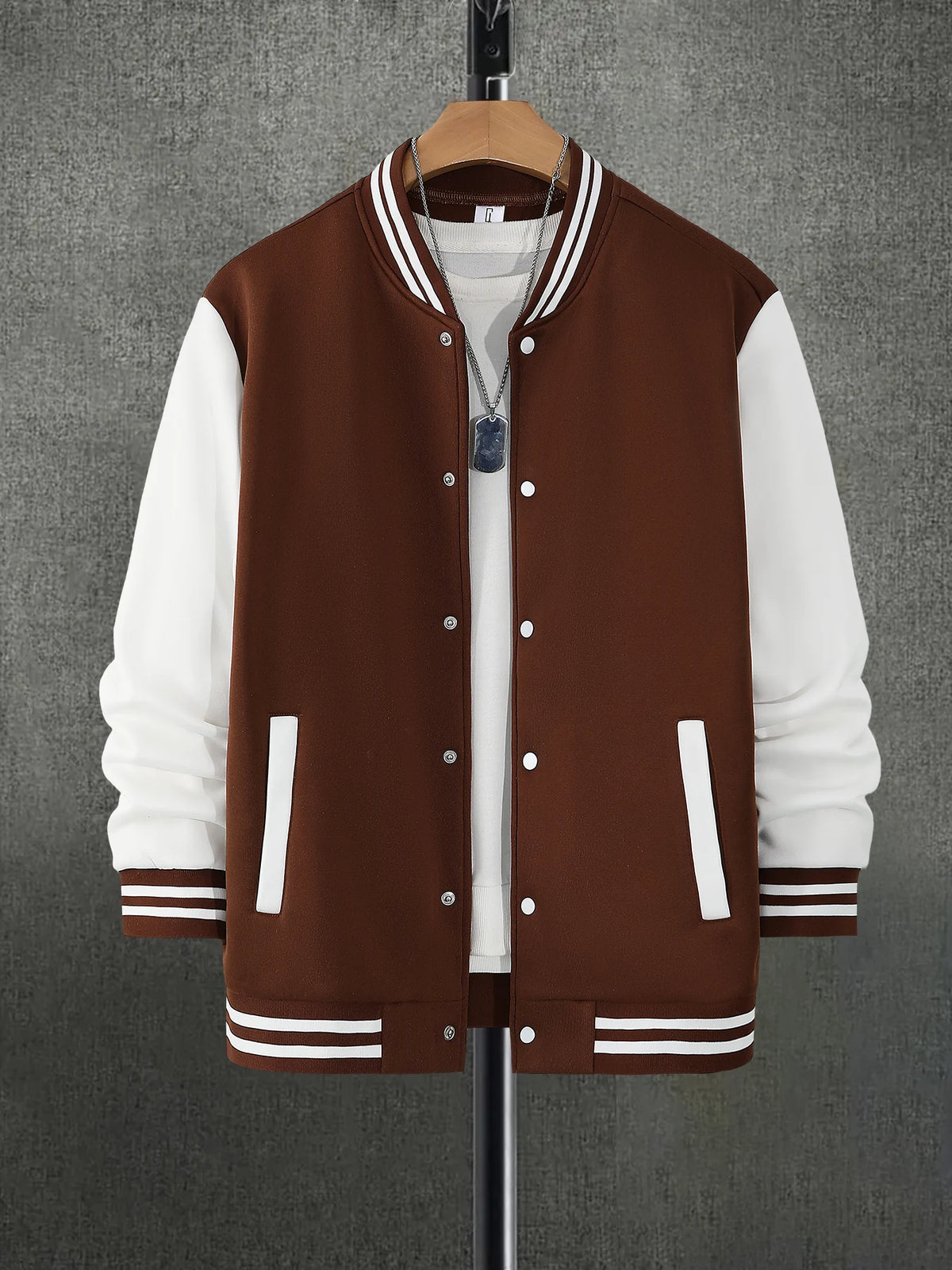 Men's Coffee White Colorblock Baseball Jacket Spring Fall Streetwear Loose Varsity Coat
