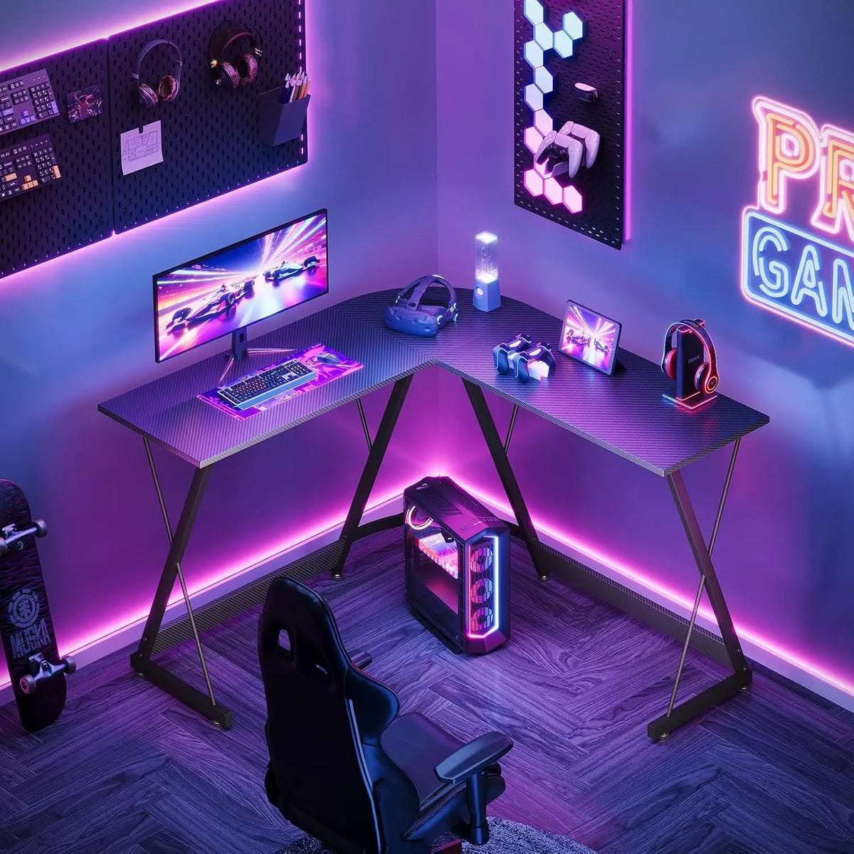 Coleshome L Shaped Gaming Desk, 120×120 cm Corner Computer Desk for Gaming, Home, Office, Carbon Fibre Black