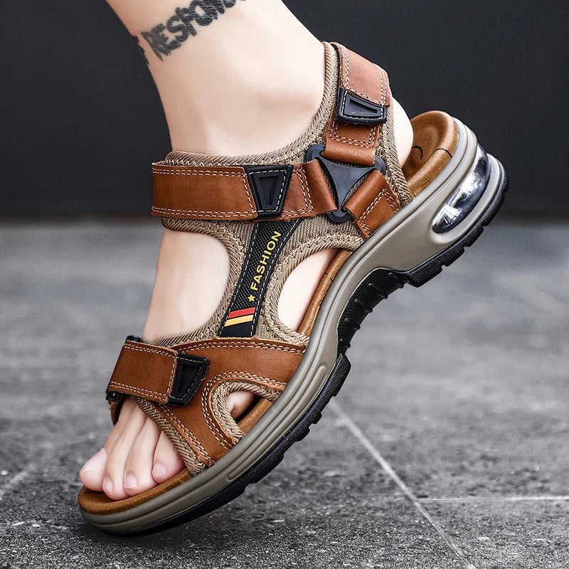 New Fashion Men's Sandals Summer Genuine Leather Sandals Outdoor Beach Sandals Non-slip Breathable Men's Wading Shoes Size 38-46
