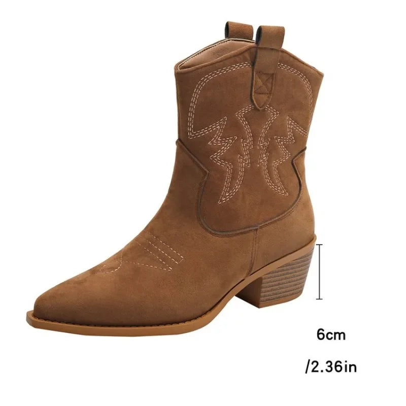 Natural Embroidered Women Boots Leather Handmade Pointed Toe Spike Heel Autumn Winter Boots Cowboy New Western Retro Botas