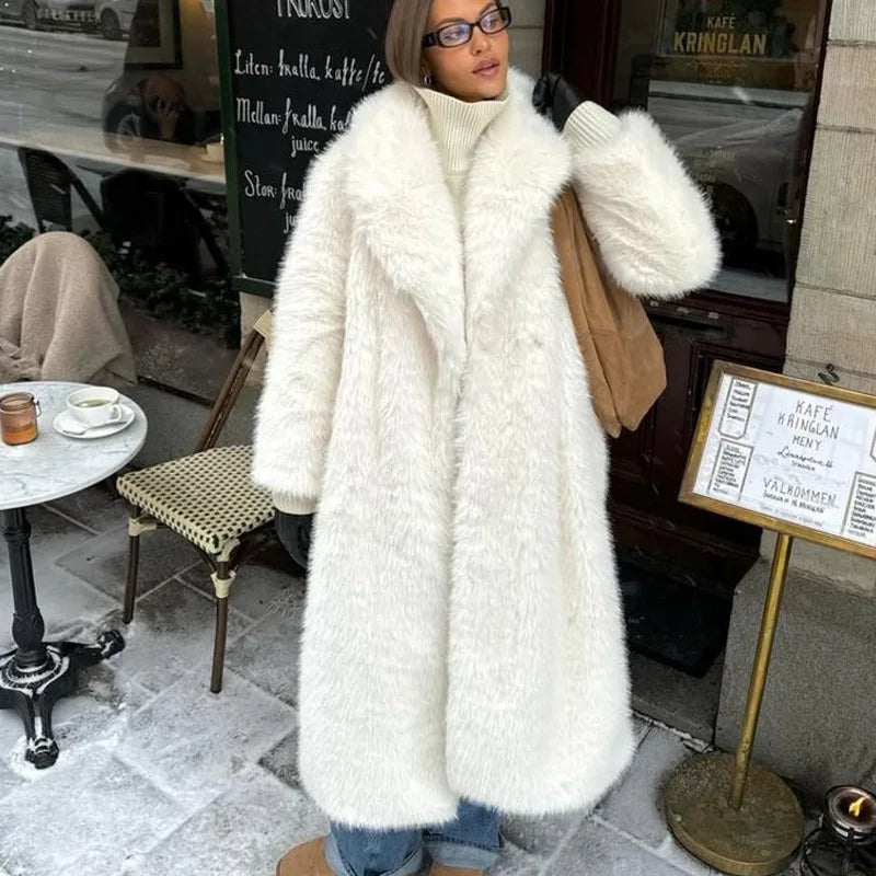 Faux Fox Fur Coats Women Long Fur Jacket Solid Turn Down Collar Long Sleeves Thick Warm Fur Loose Fit Casual 2025 Autumn Winter