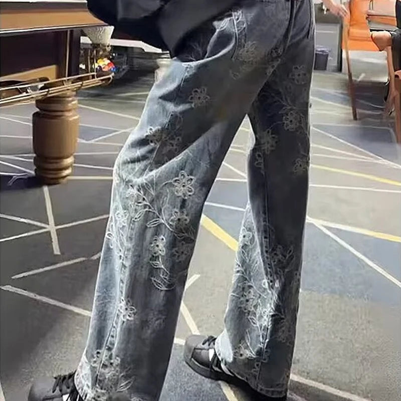 High Street Floral Jacquard Embroidered Baggy Jeans For Man Y2K Vintage Straight Denim Pants Hip Hop Fashion Curved Jean