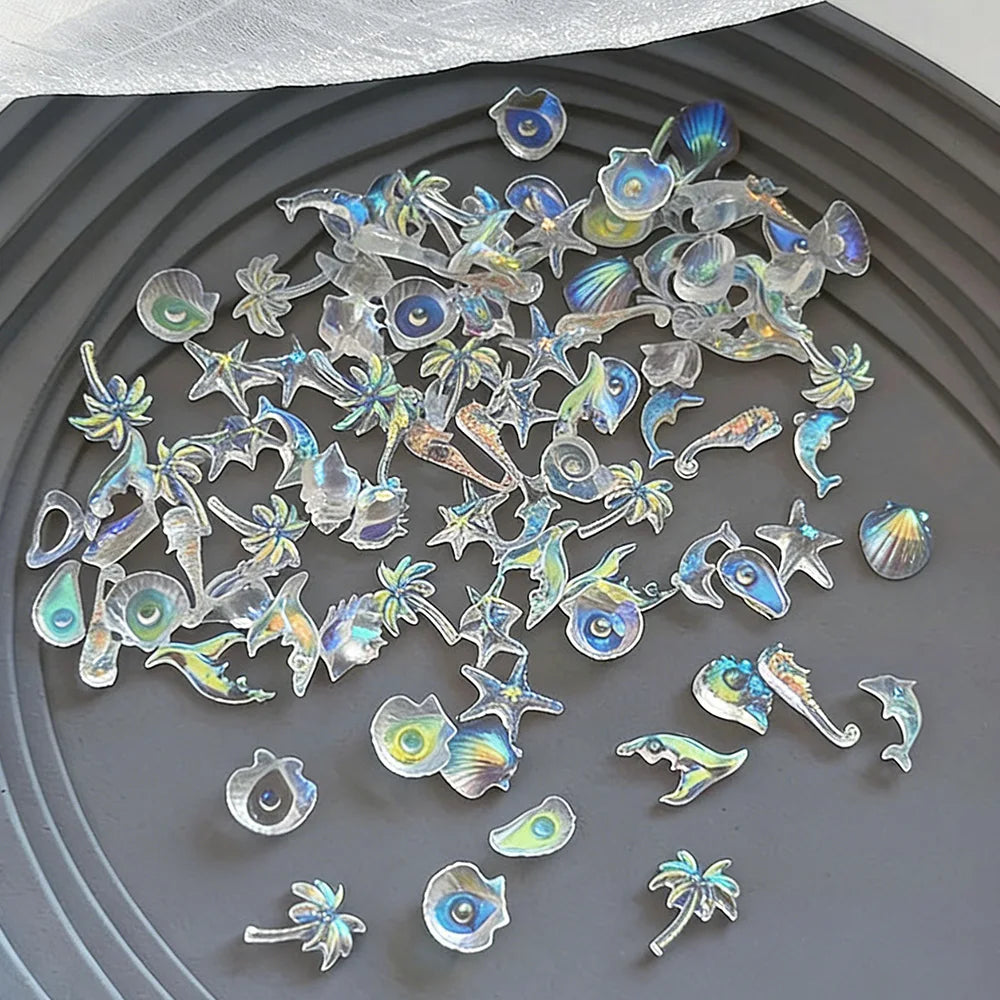 50pcs Mixed Ocean Series Nail Art Decorations White/Blue/Aurora Starfish Scallop Dolphin Nail Charm Marine DIY Manicure Supplies