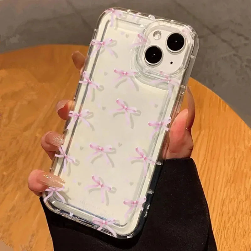Cute Pink Heart Bow Phone Case for IPhone 18 17 16 15 14 13 12 11 Pro Max 13 12 Mini 17Air 16e Shockproof Soft Clear Cases Coque