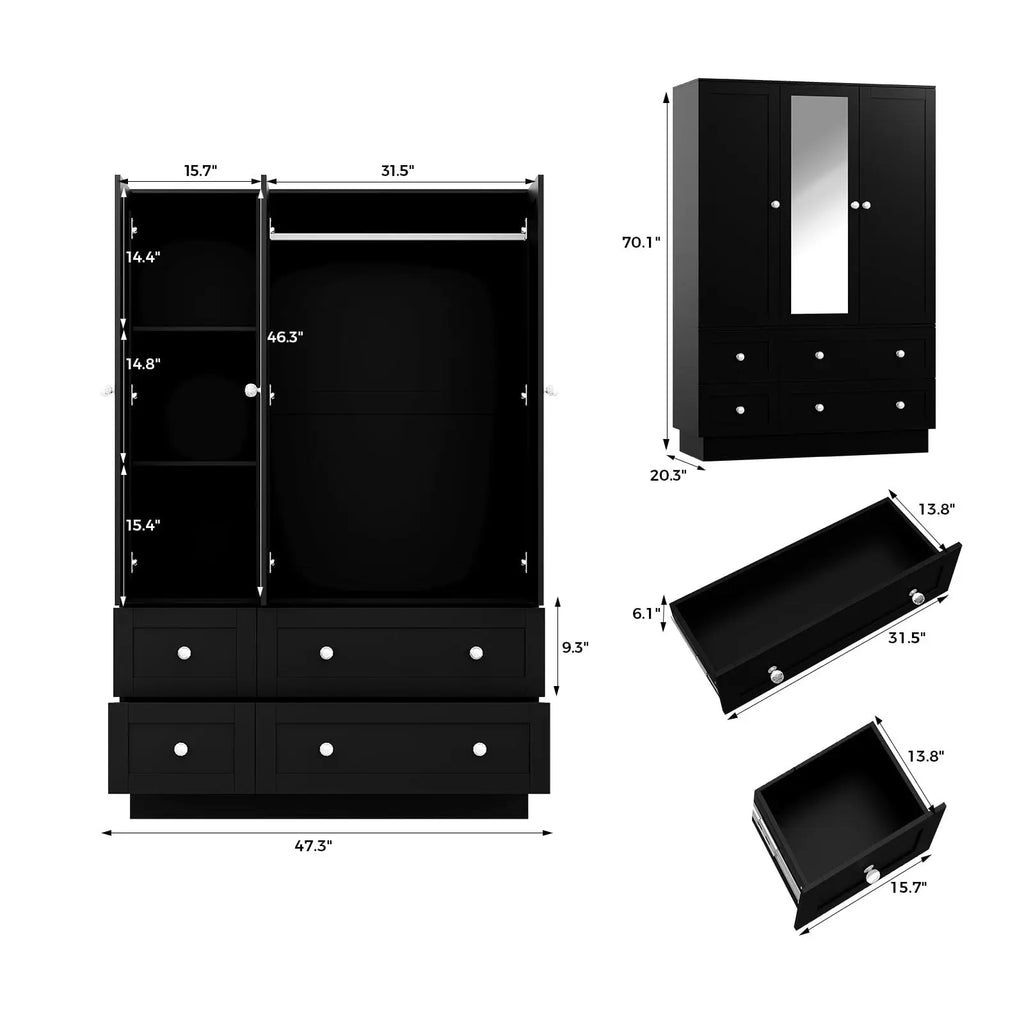 Wardrobe Closet with 3 Doors Bedroom Armoire with Mirror & 4 Drawers