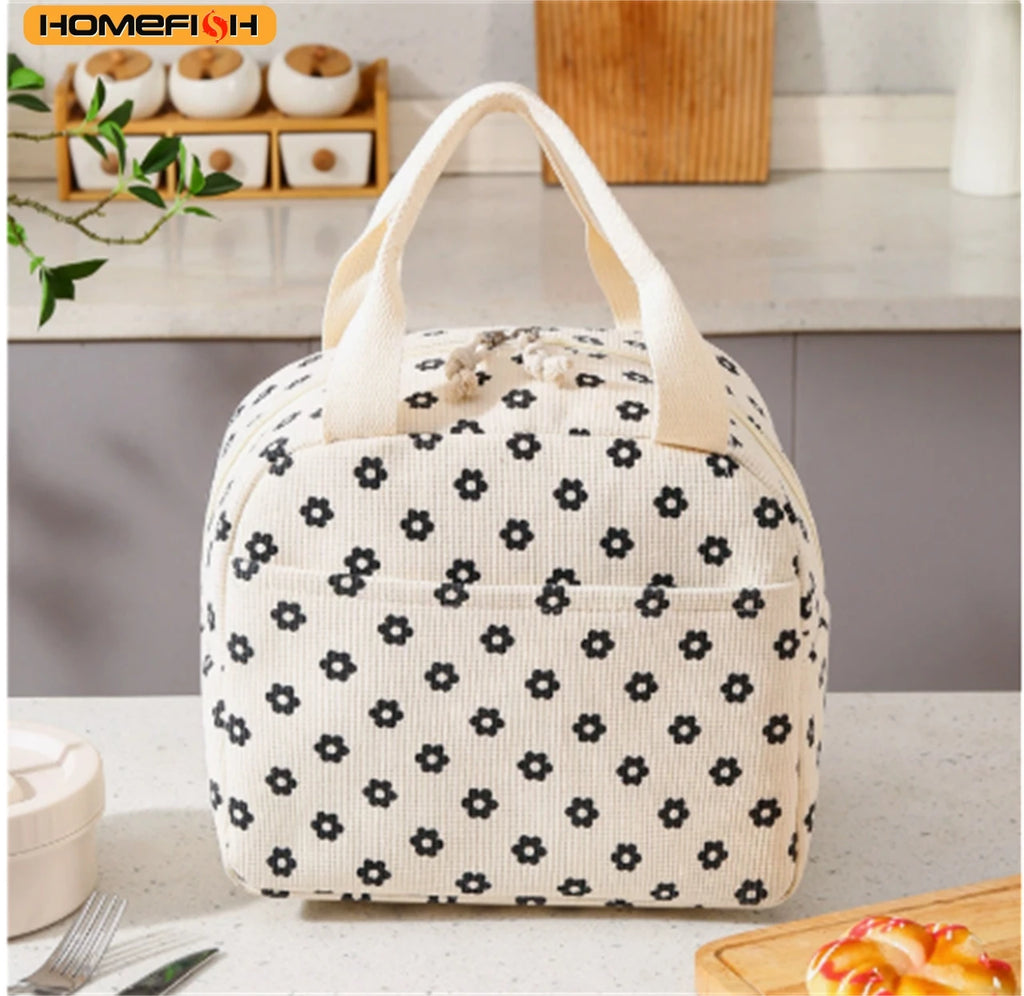 HOMEFISH Cute Flower Pattern Insulated Lunch Box Bag, Waterproof Durable Thermal Handbag for Food Storage