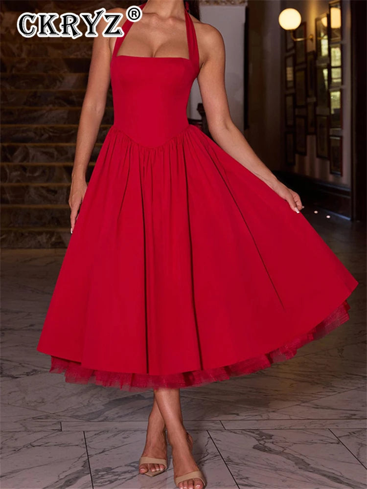 Ladies Summer 2 Layers Elegant Evening Party Dress Women Sleeveless Backless Halter Maxi Dresses Club Streetwear Female Outfits