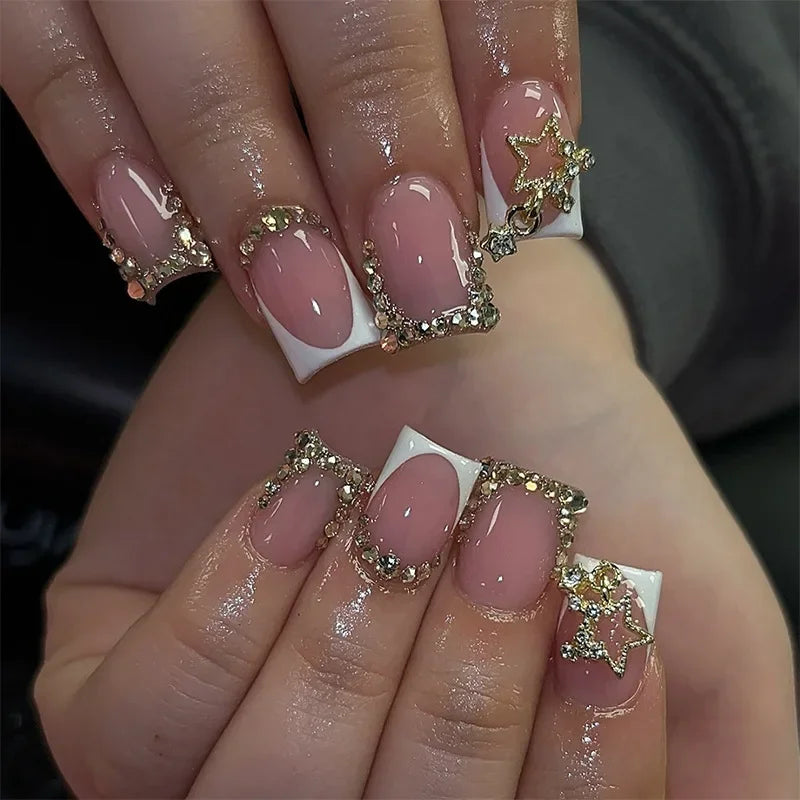 24pcs Leopard Print French False Nail Spicy Girls Press on Nails Wearable Sets Flower Brown Short Square Fake Nails with Diamond