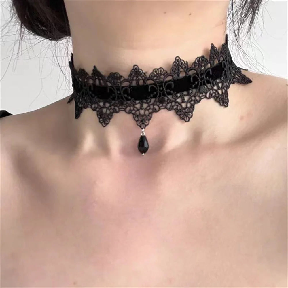 2026 New Sexy Lace Flower Necklace for Women Gothic Punk Velvet Collar Choker Black Waterdrop Pendent Necklace Strap Bow Jewelry