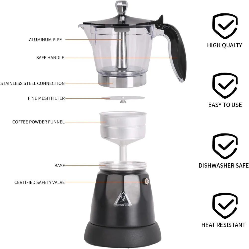 6 Cup Electric Espresso Coffee Maker Portable Moka Pot Detachable Base Overheat Protection Gift for Home Travel