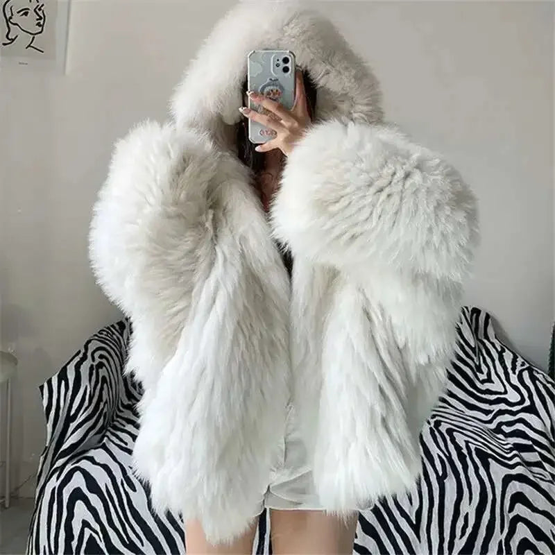 Temperament Hooded Batwing Sleeve Warm Faux Fur Coats For Women Casual Thick Female Jacket 2025 Fashion Autumn Winter New