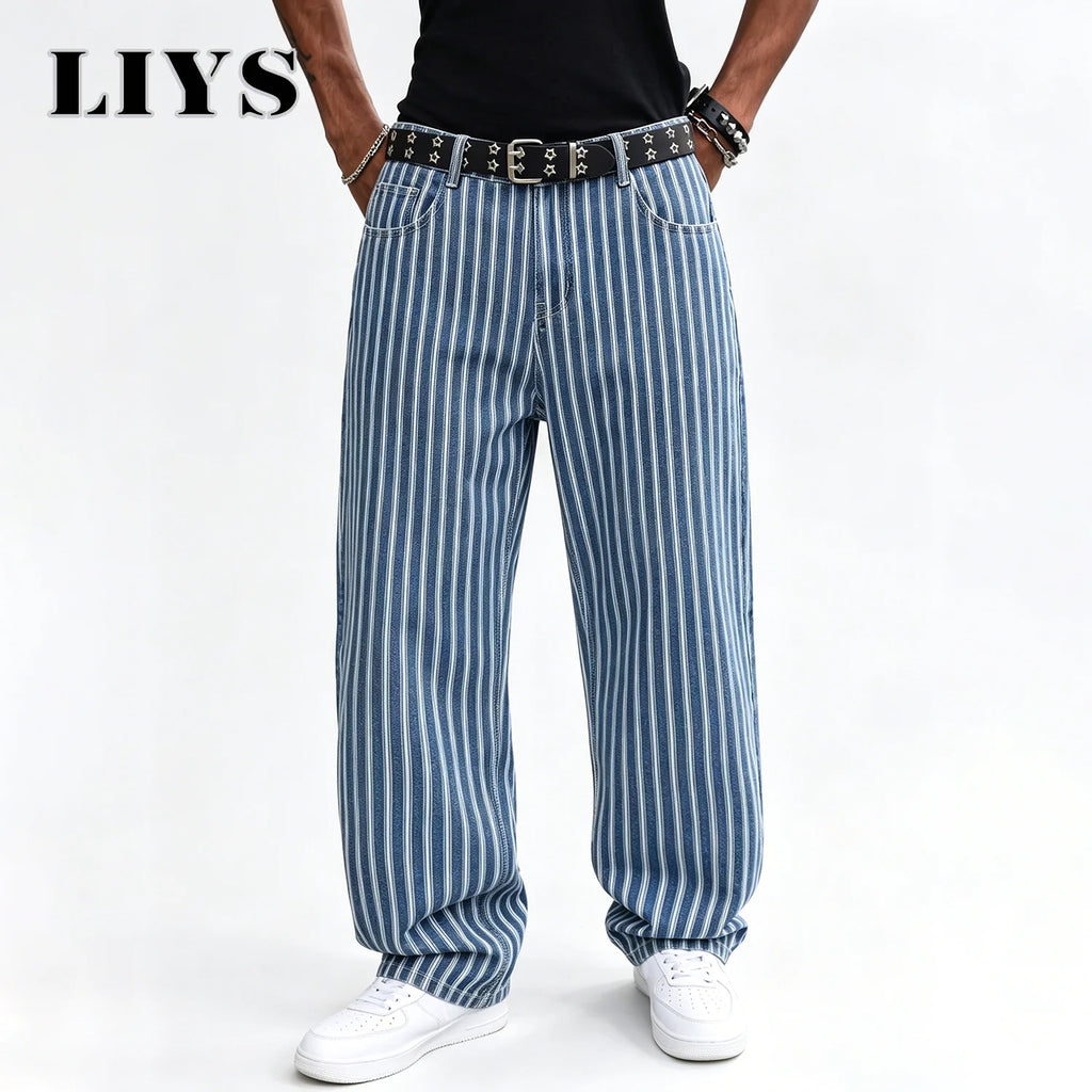 LIYS Men's Blue White Striped Jacquard Straight Leg Jeans Baggy Casual Pants Suitable for Work and Leisure Without Elasticity