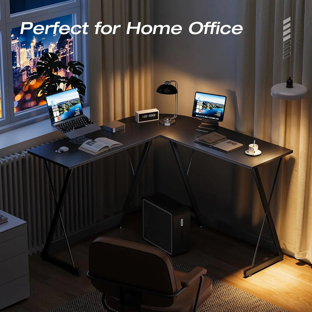 Coleshome L Shaped Gaming Desk, 120×120 cm Corner Computer Desk for Gaming, Home, Office, Carbon Fibre Black