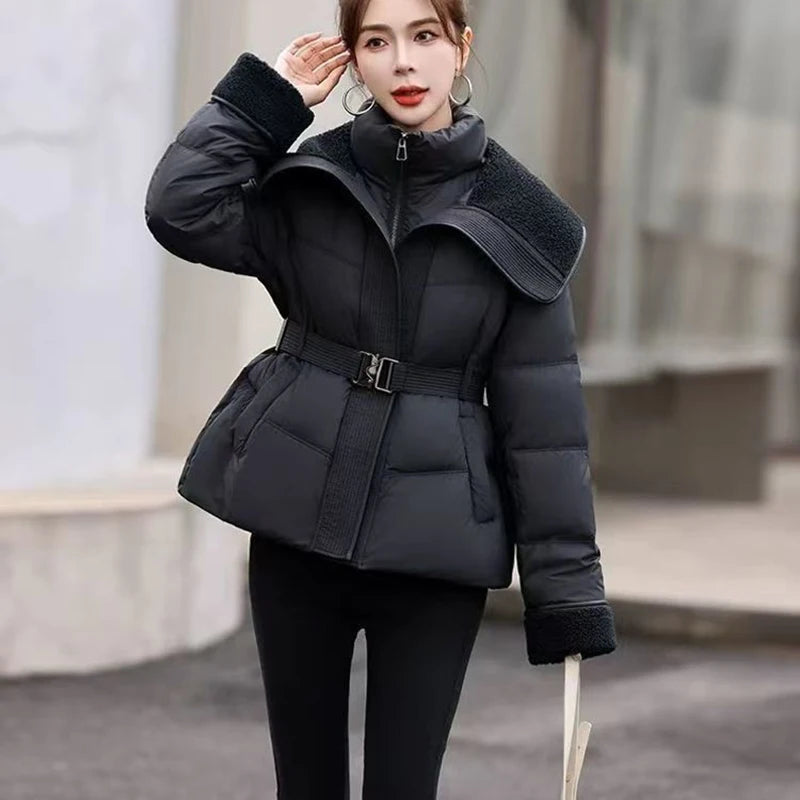 Women's Lamb Collar Patchwork Puffer Coat 2026 Winter New Short Down cotton Outerwear Long Sleeve Warm Waist Casual Zip Jacket