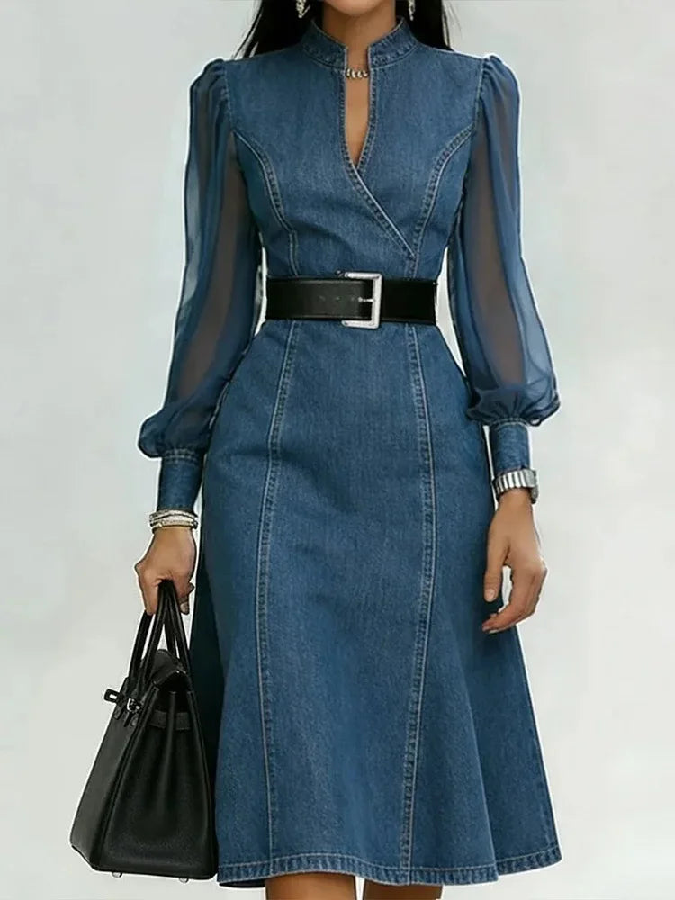 Streetwear Denim A-Line Dress Summer Women Tulle Puff Long Sleeve See Through V Neck Maxi Dresses Vintage Jean Dress With Belt