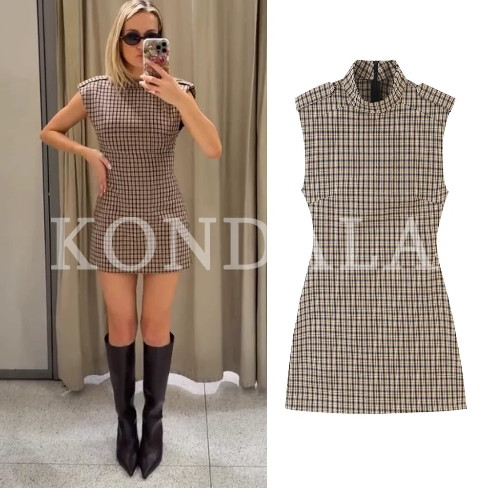 KONDALA Women Elegant Plaid Jumpsuit Dresses Vintage Chic Slim Sleeveless Mini Dress New 2026 Autumn Trendy Casual Classic Dress