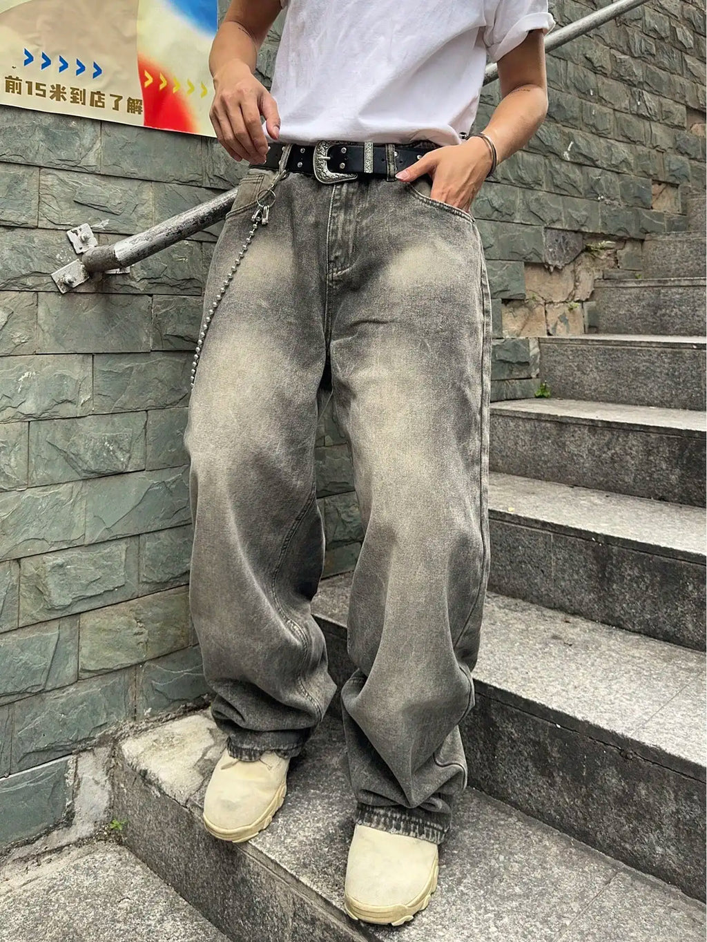 Vintage Men Y2K Gradient Baggy Denim Jeans For Men Washed Casual Loose Denim Pants Streetwear Hip Hop Wide Leg Straight Trousers