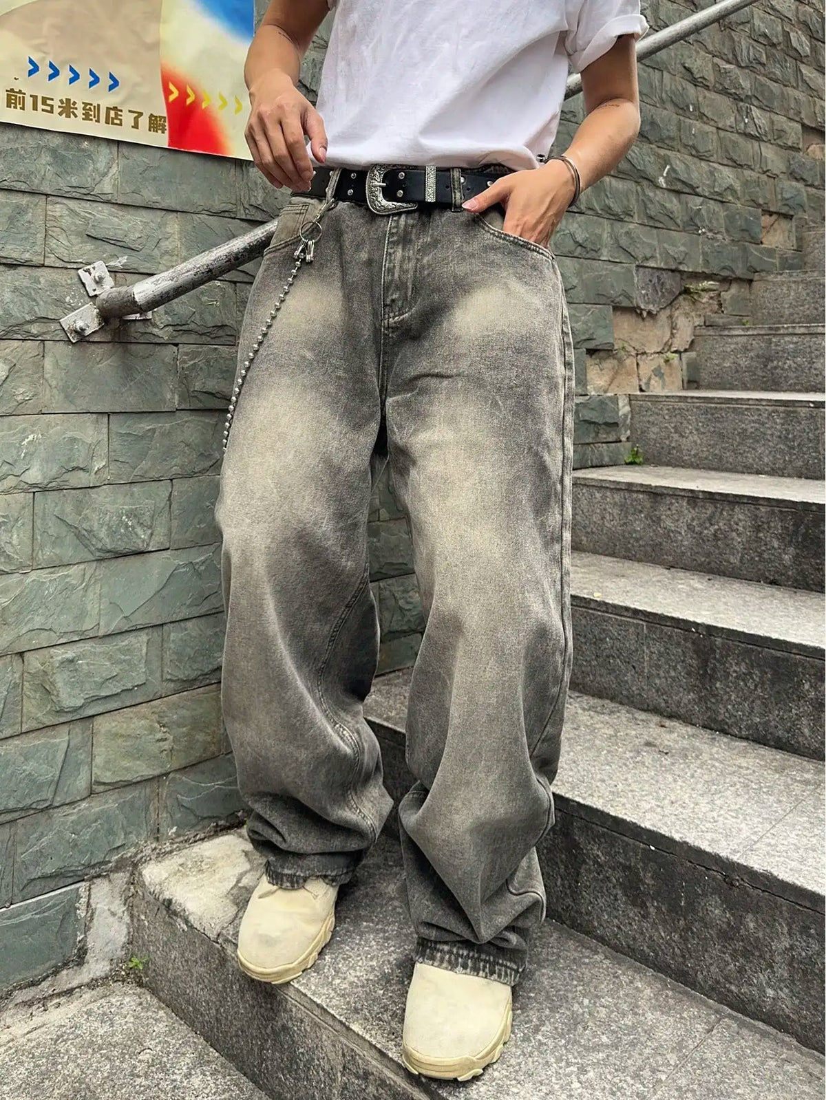 Vintage Men Y2K Gradient Baggy Denim Jeans For Men Washed Casual Loose Denim Pants Streetwear Hip Hop Wide Leg Straight Trousers