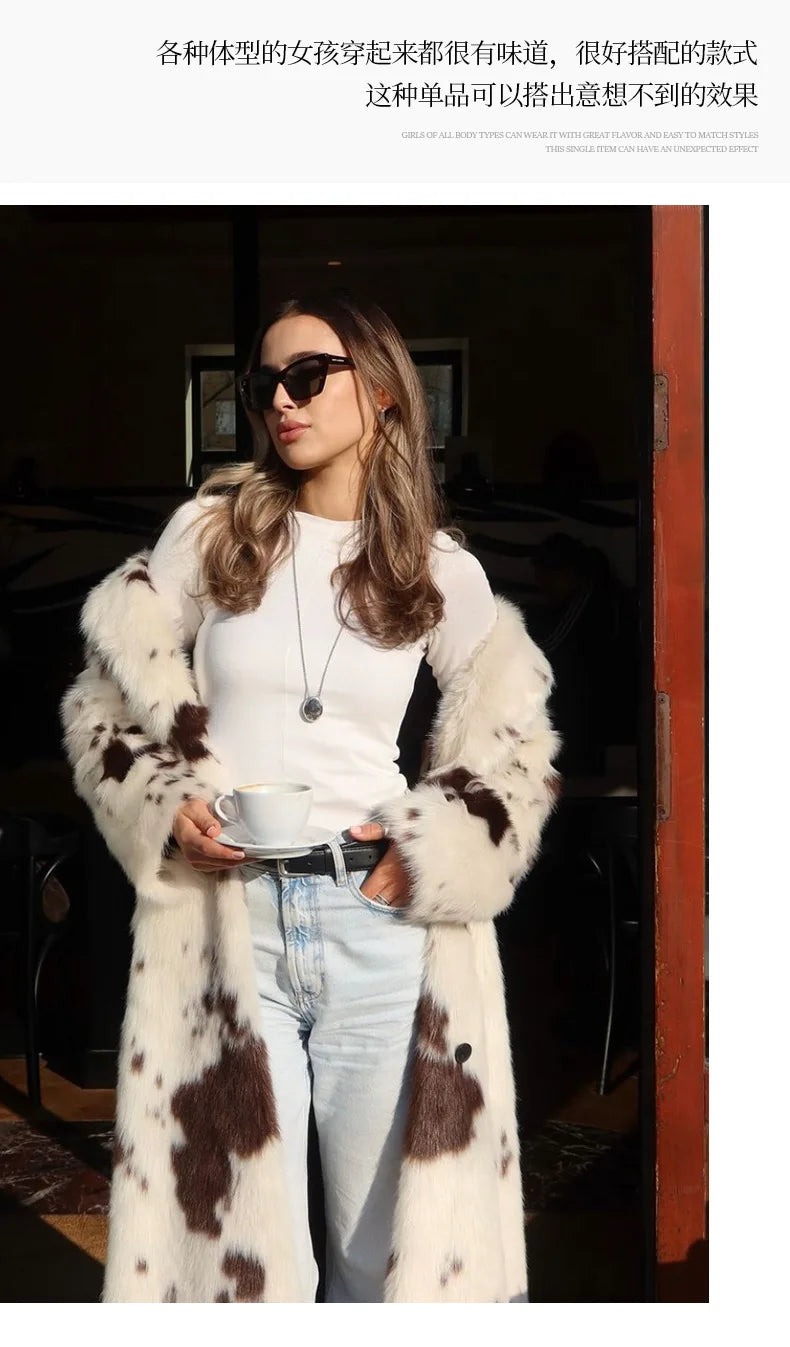 Autumn Winter New Fashion Women's Turn-down Collar Long Sleeve Color-coded Casual Trendy Daily Luxury Faux Fur Coats Female Tops