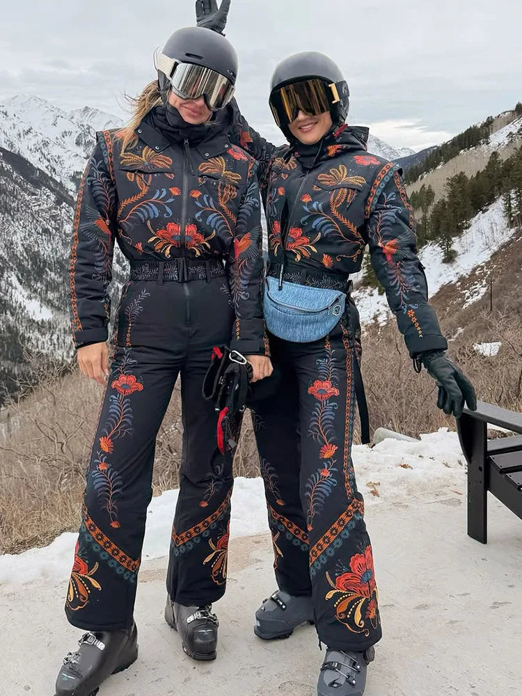 Flower Printed Women's Ski Jumpsuits Zippers Stand Collar Waist-closed Pocket Lady Rompers 2026 Autumn Winter Female Ski Wear