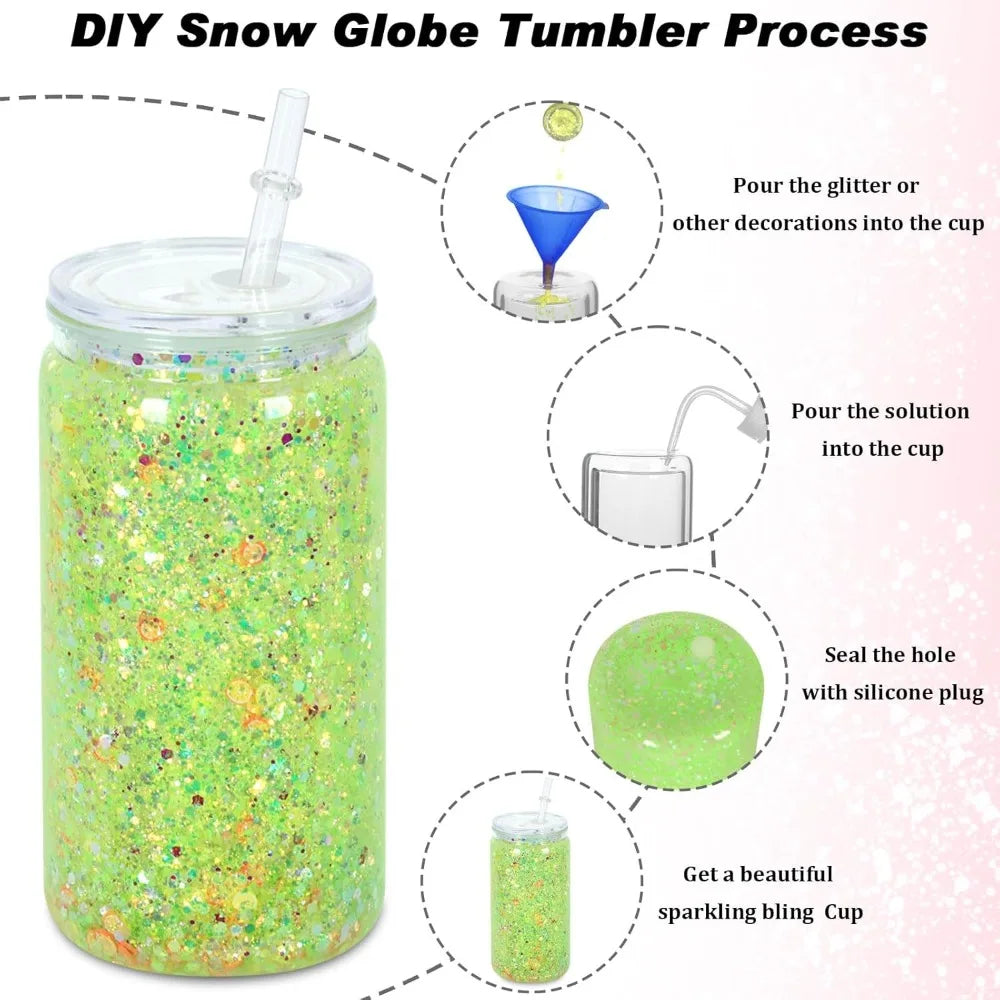 Plastic Snow Globe Tumbler 16 oz 16 Pack DIY Clear Glitter Mason Jar Cups with Pre Drilled Hole Double Wall Insulated