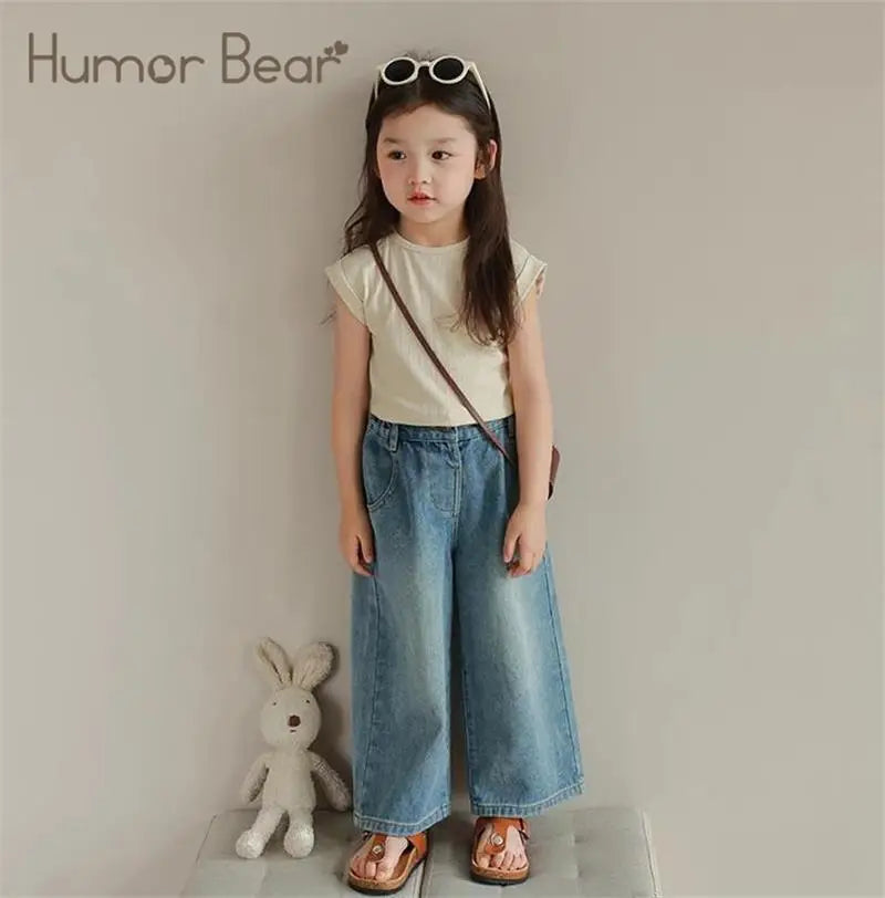 Humor Bear Girls’ Jeans Kids Clothing Summer Baggy Multi-pocket Elastic-waisted Long Jeans Wide-leg Pants Girls Pants