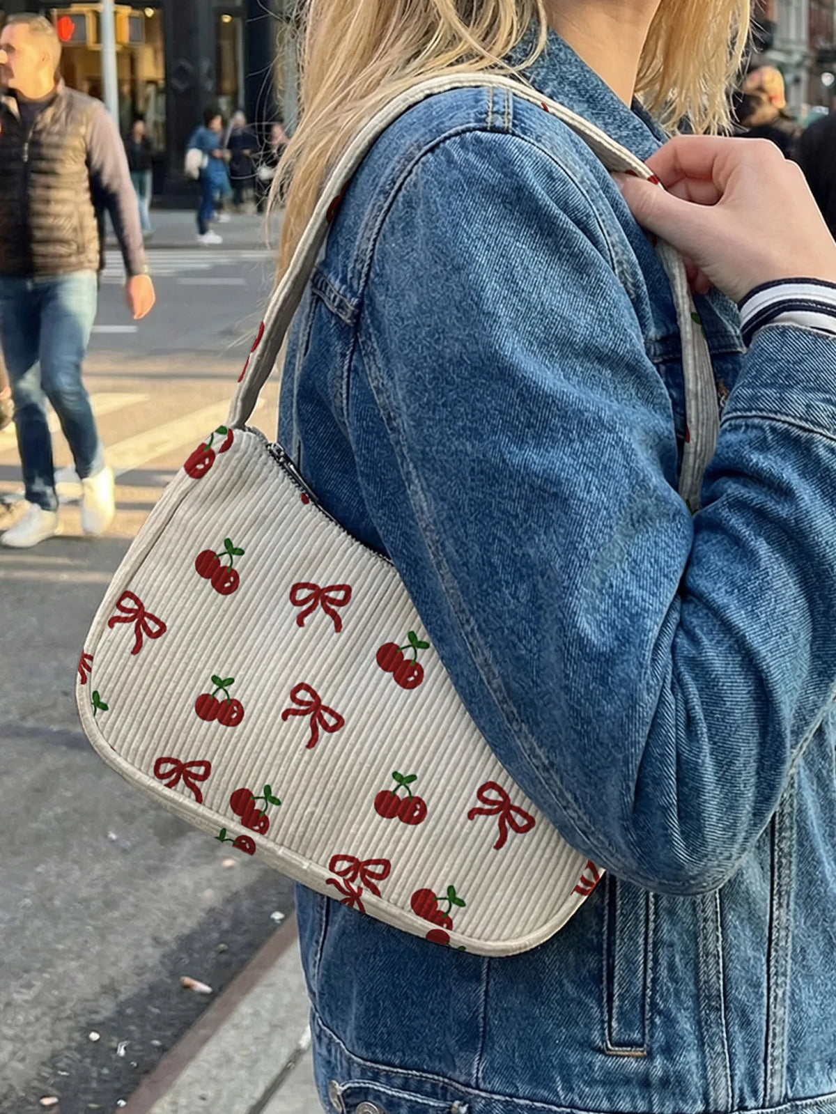 Trendy Cherry & Bow Print Shoulder Bag, Beige Corduroy Underarm Bag for Daily Casual Use