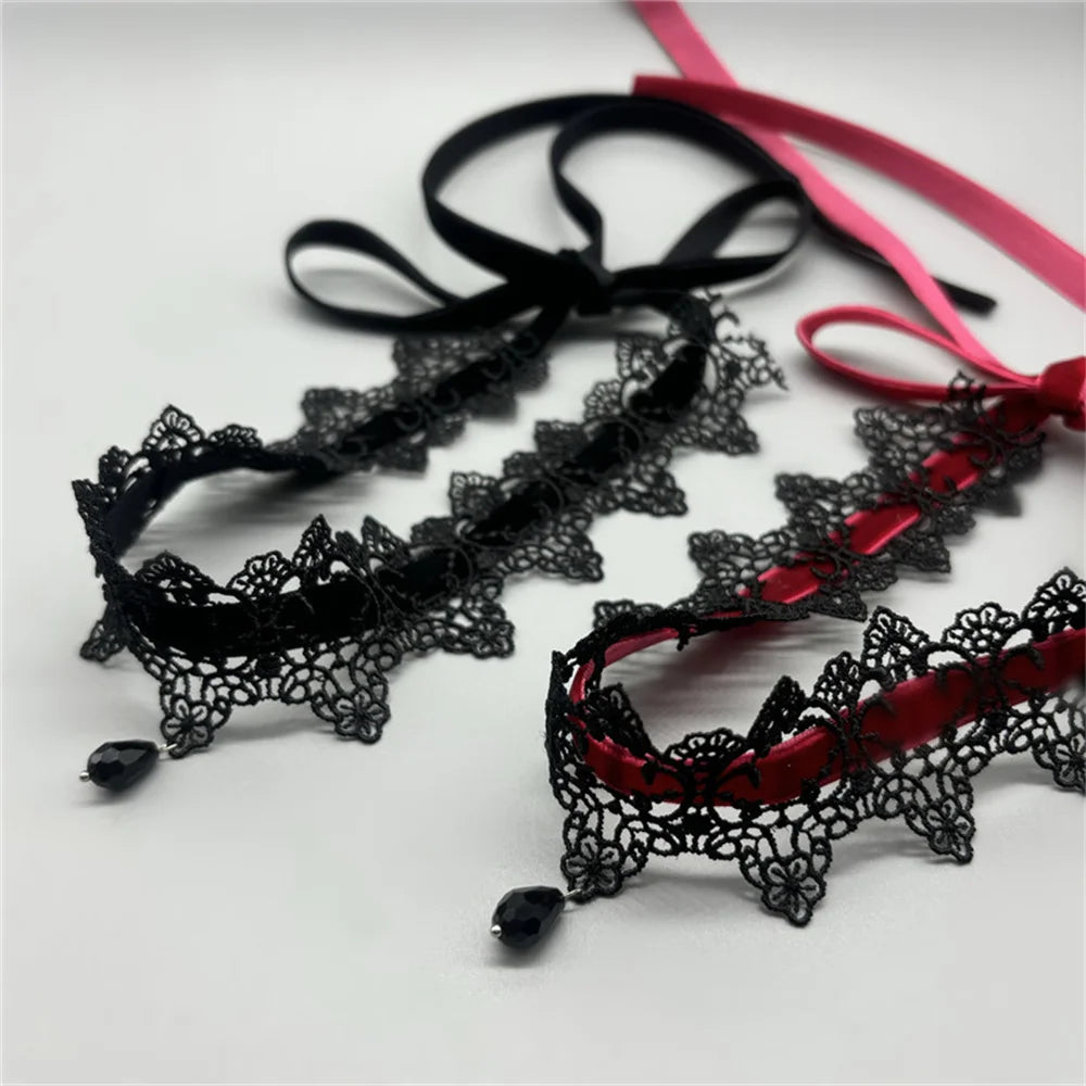 2026 New Sexy Lace Flower Necklace for Women Gothic Punk Velvet Collar Choker Black Waterdrop Pendent Necklace Strap Bow Jewelry
