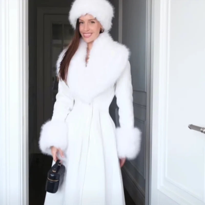 Luxury Women Faux Fur Trim Long Wool Coat Big Fur Collar Cuffs Slim Waist A-line Flared Maxi Dress Coat Daily Dating Outerwear