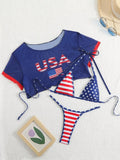 Cherry Printed Mesh Short Sleeve Mini Bikini Female Swimsuit Women Swimwear Three-pieces Bikini Set Bathing Suit Swim Beachwear