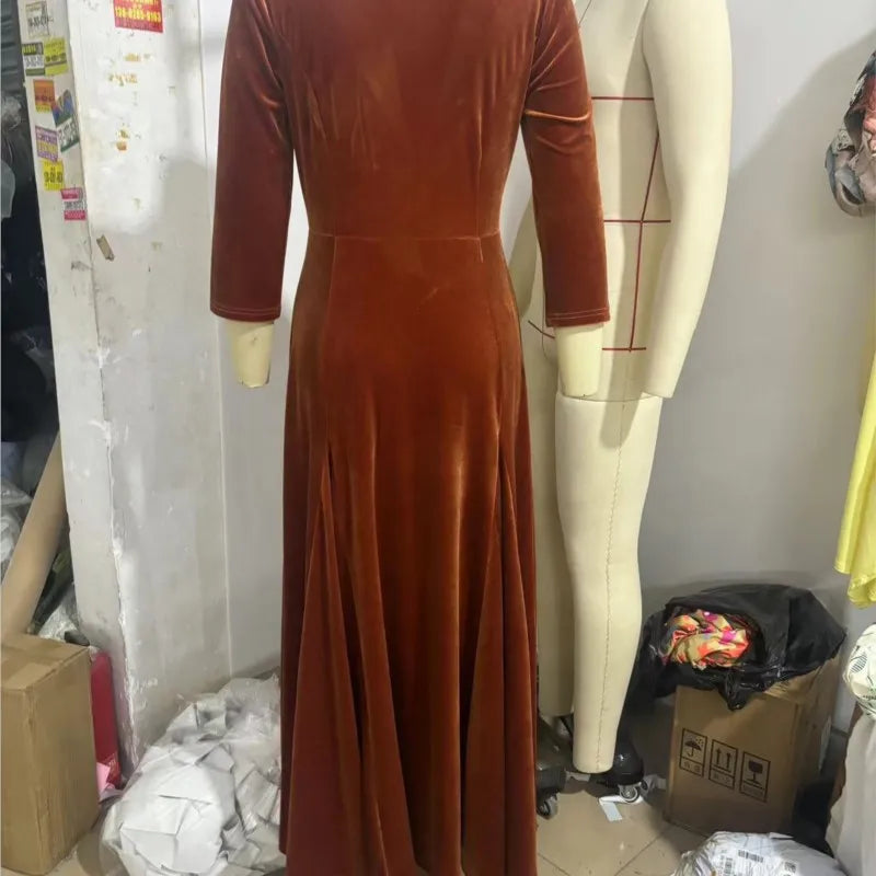 Spring Fall Women Suit Collar Velvet Long Dress 2025 New Slim Elegant Office Lady Velour Dresses