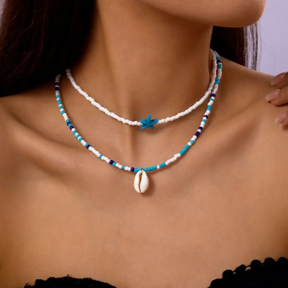 Fashion Bohemian Style Shell Necklace Double Layer Starfish Clavicle Chain Sweater Chain Gifts