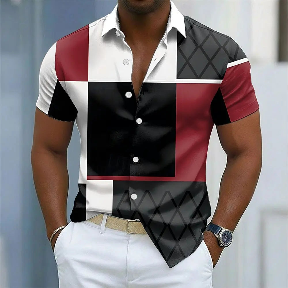 Men's Color Block Patchwork Shirt Button Up Short Sleeve Casual Streetwear 3D Print Turndown Shirt Blue Wine Brown Green