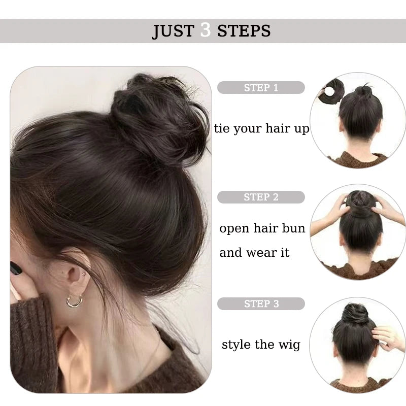Synthetic Chignon Wig Hair Bun Extensions Retractable Bun Hairpiece Straight Donut Chignon Updo Hair for Women All Occasions Use