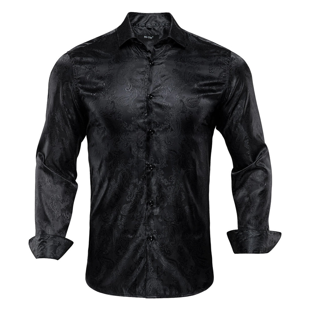 Hi-Tie Gold Black Mens Silk Shirt Paisley Floral Long Sleeve Casual Shirts For Men Jacquard Male Business Party Wedding Dress