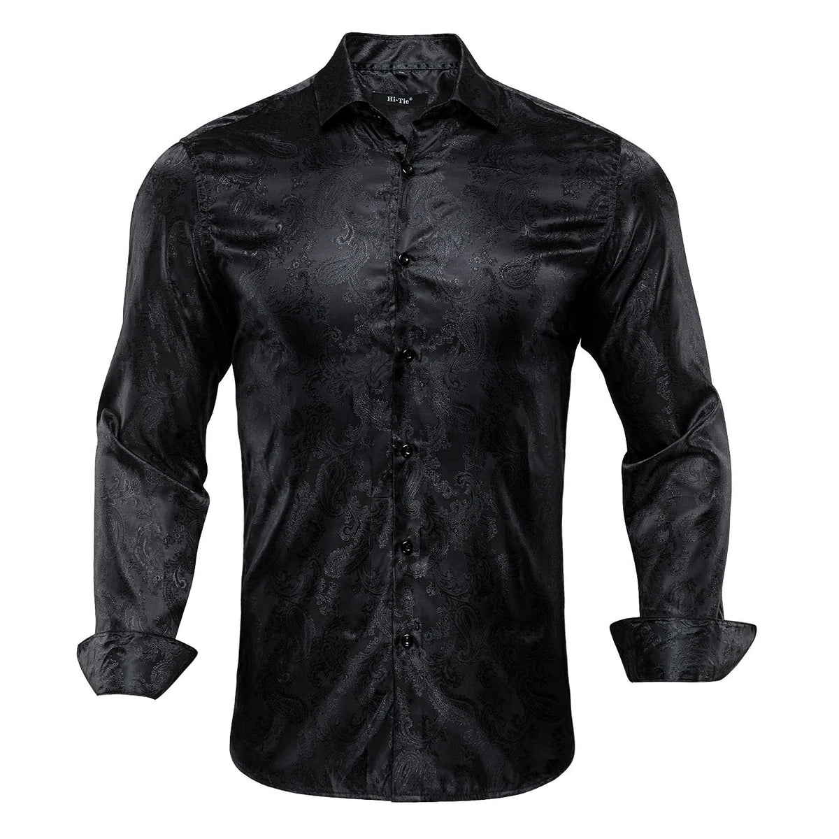 Hi-Tie Gold Black Mens Silk Shirt Paisley Floral Long Sleeve Casual Shirts For Men Jacquard Male Business Party Wedding Dress