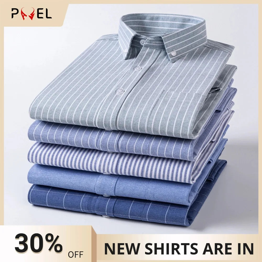 Men's Oxford Long Sleeve Multicolor Striped Plaid Dress Shirts Thick Cotton 100% Spring Fall Versatile Casual Button-Down Shirt